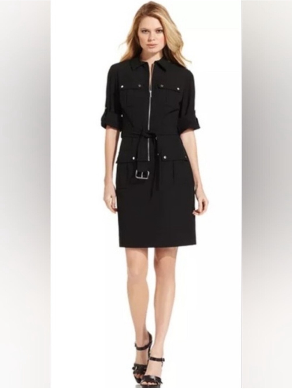 Michael Kors Black Zip-Front Utility Midi Dress